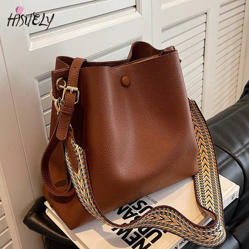 Women's Bucket Bag Soft PU Leather Shoulder Bag Crossbody Tote Wide Strap
