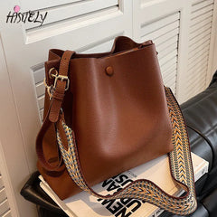 Women's Bucket Bag Soft PU Leather Shoulder Bag Crossbody Tote Wide Strap