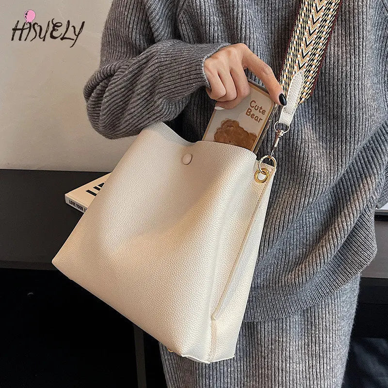 Women's Bucket Bag Soft PU Leather Shoulder Bag Crossbody Tote Wide Strap