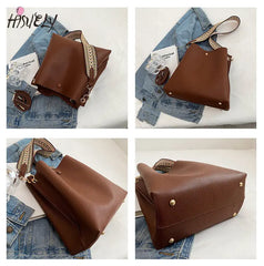 Women's Bucket Bag Soft PU Leather Shoulder Bag Crossbody Tote Wide Strap