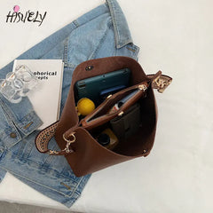 Women's Bucket Bag Soft PU Leather Shoulder Bag Crossbody Tote Wide Strap