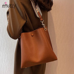 Women's Bucket Bag Soft PU Leather Shoulder Bag Crossbody Tote Wide Strap