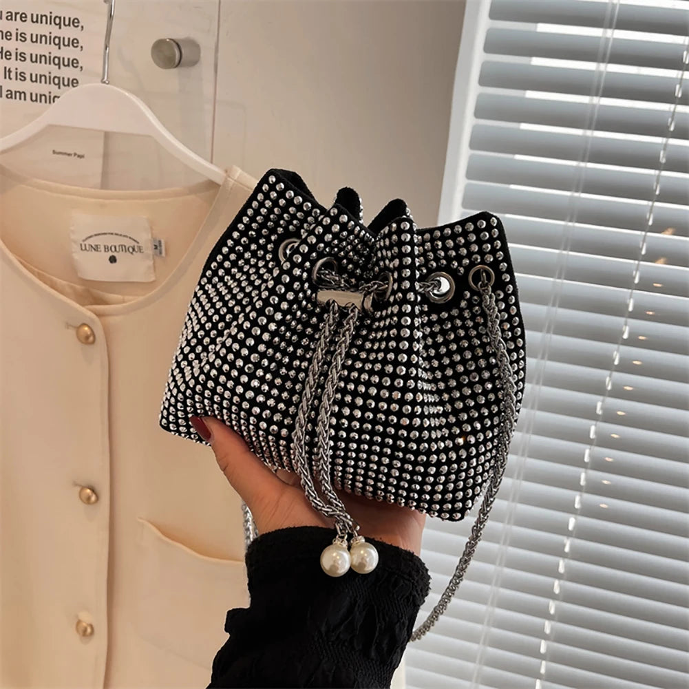 Rhinestone Bucket Chain Shoulder Bag, Crossbody Drawstring Handbag