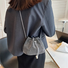 Rhinestone Bucket Chain Shoulder Bag, Crossbody Drawstring Handbag