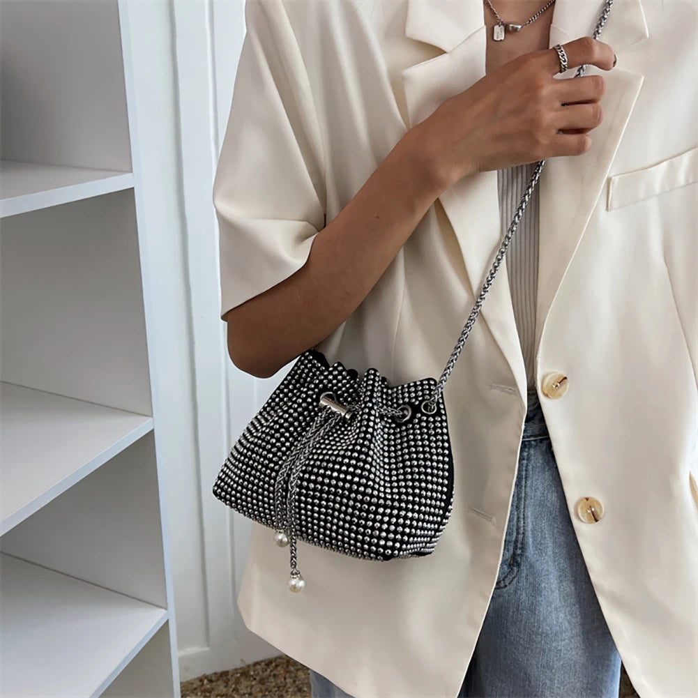 Rhinestone Bucket Chain Shoulder Bag, Crossbody Drawstring Handbag