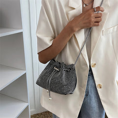 Rhinestone Bucket Chain Shoulder Bag, Crossbody Drawstring Handbag