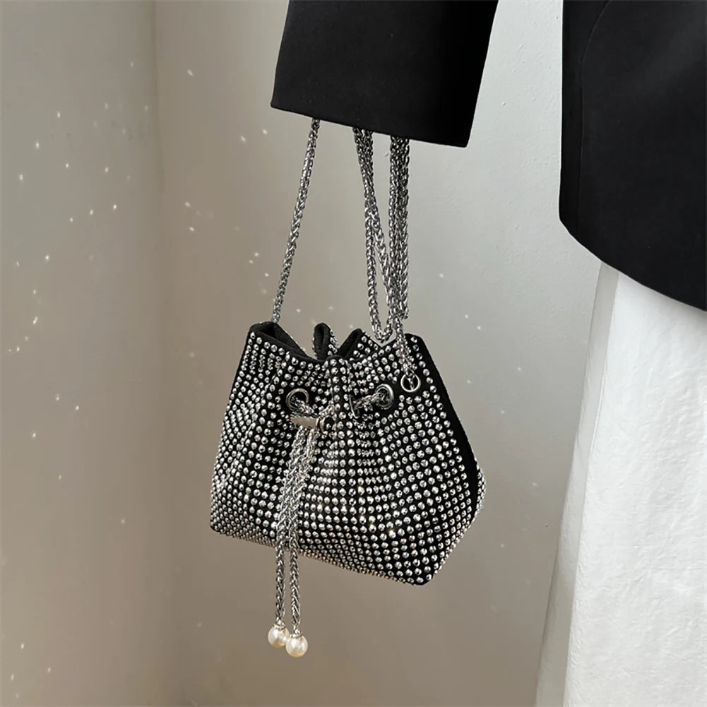 Rhinestone Bucket Chain Shoulder Bag, Crossbody Drawstring Handbag