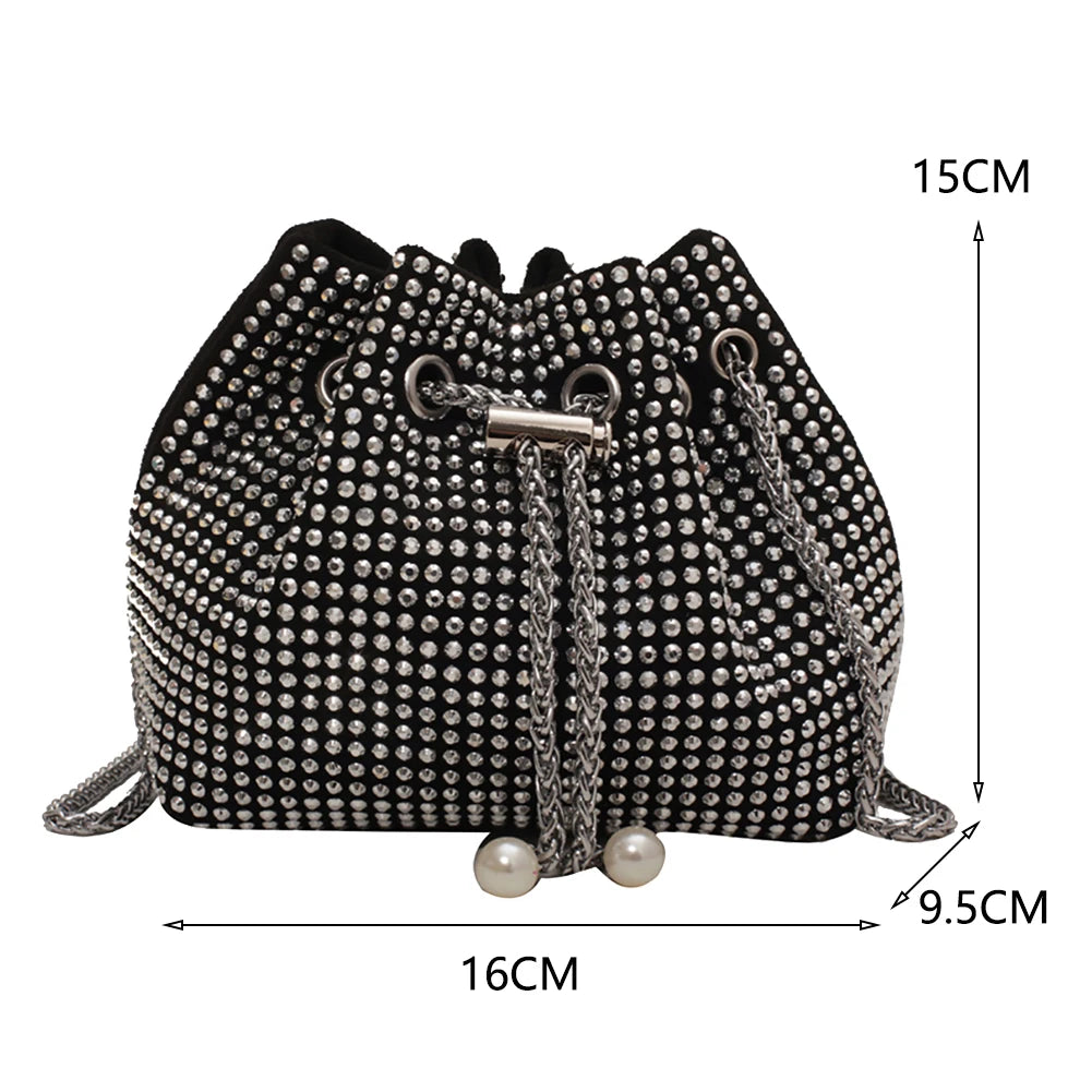 Rhinestone Bucket Chain Shoulder Bag, Crossbody Drawstring Handbag