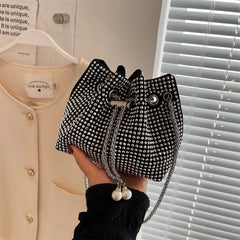 Rhinestone Bucket Chain Shoulder Bag, Crossbody Drawstring Handbag
