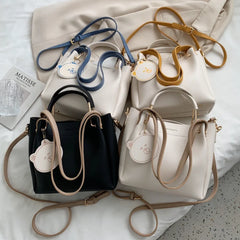 Portable Shoulder Bag Women Bucket Messenger Bag with Pendant Large Capacity