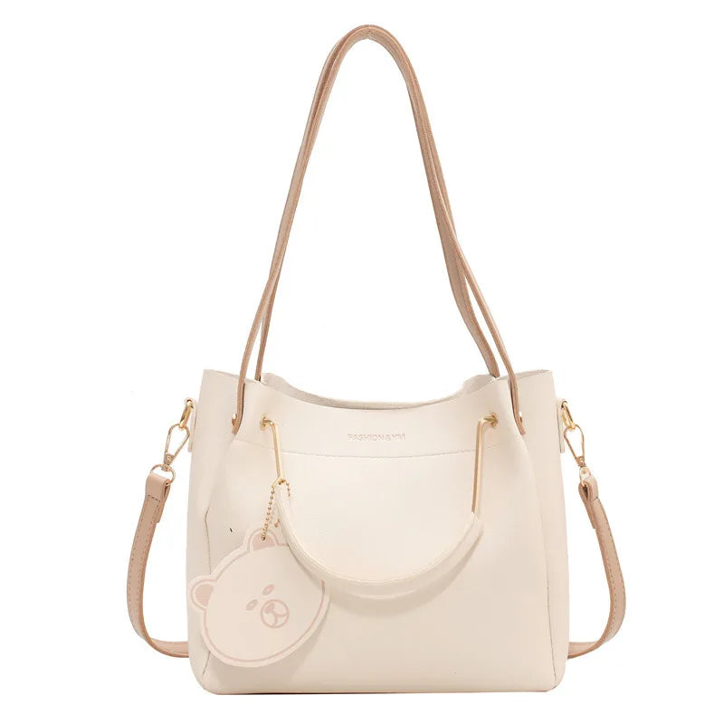 Portable Shoulder Bag Women Bucket Messenger Bag with Pendant Large Capacity