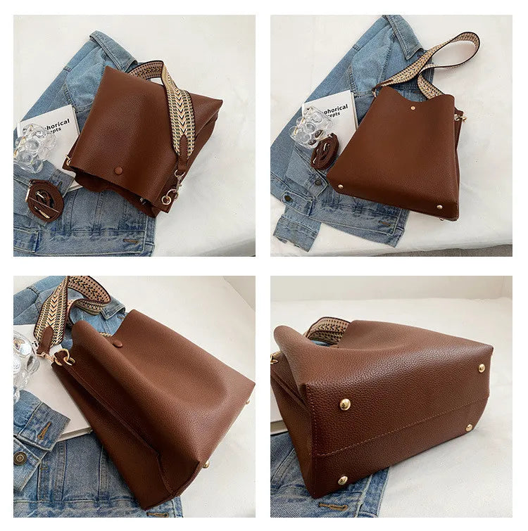 Women's Bucket Bag PU Leather Shoulder Tote Crossbody Wide Strap Handbag