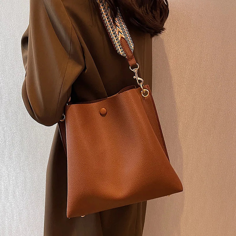 Women's Bucket Bag PU Leather Shoulder Tote Crossbody Wide Strap Handbag