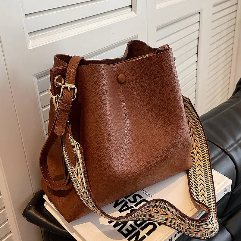 Women's Bucket Bag PU Leather Shoulder Tote Crossbody Wide Strap Handbag