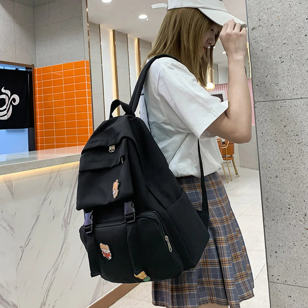 Canvas Backpack Solid Badges Large Capacity Female Student School Bags