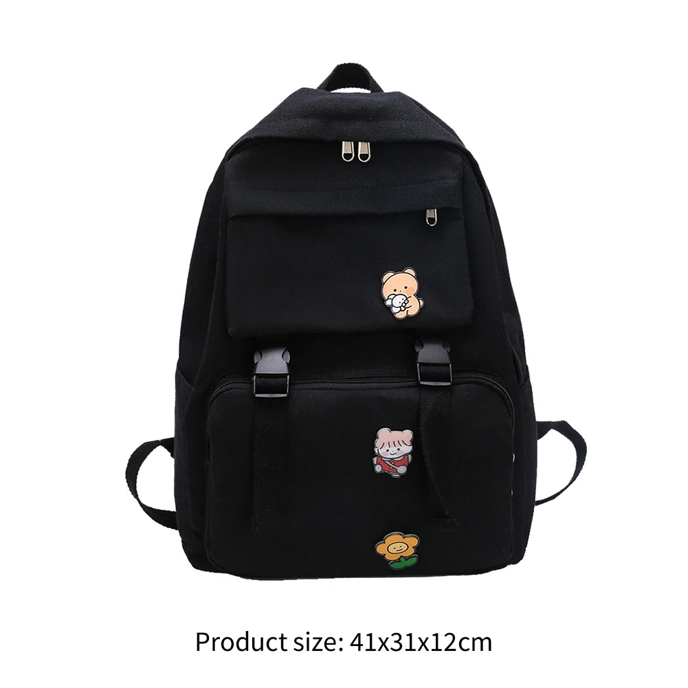 Canvas Backpack Solid Badges Large Capacity Female Student School Bags
