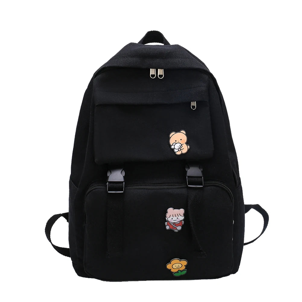 Canvas Backpack Solid Badges Large Capacity Female Student School Bags