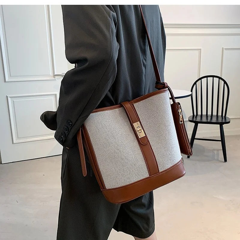 Canvas Bucket Bag Women Shoulder Bags Patchwork Crossbody Bag