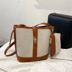 Canvas Bucket Bag Women Shoulder Bags Patchwork Crossbody Bag