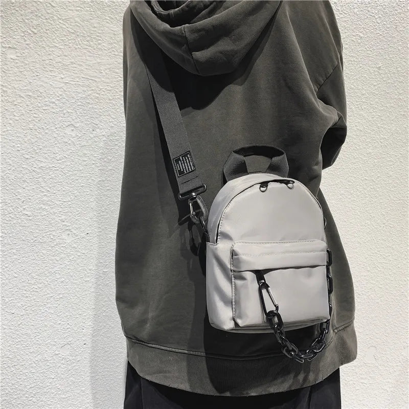 Canvas Fabric Unisex Chest Bag Grey Shoulder Bags Chain Decoration Unique Purse