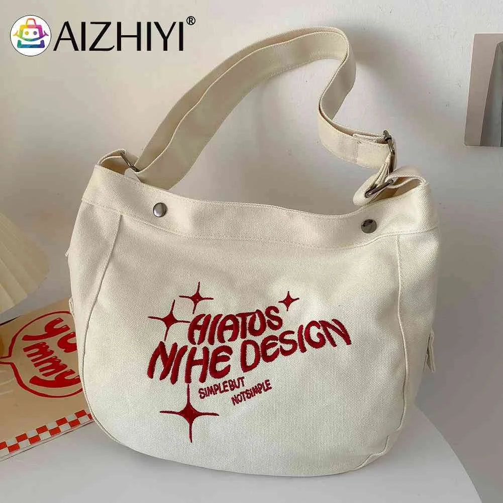 Embroidered Letters Canvas Messenger Bag Large Capacity