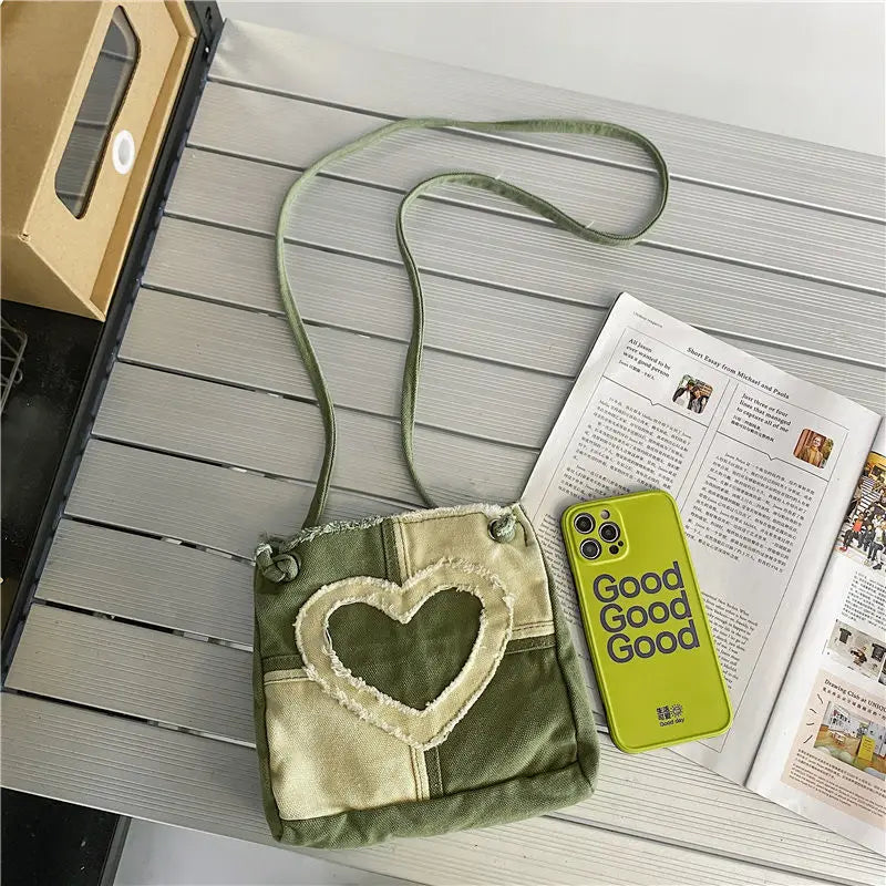 Canvas Shoulder Messenger Bag Heart Plaid Crossbody Bags Casual Female Girls