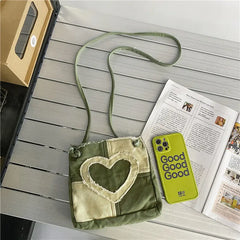 Canvas Shoulder Messenger Bag Heart Plaid Crossbody Bags Casual Female Girls