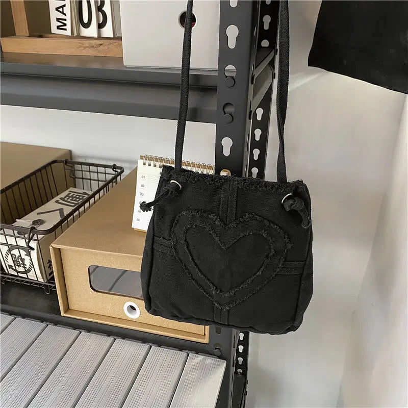 Canvas Shoulder Messenger Bag Heart Plaid Crossbody Bags Casual Female Girls
