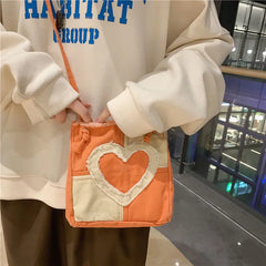 Canvas Women Shoulder Messenger Bag Heart Plaid Ladies Crossbody Bags