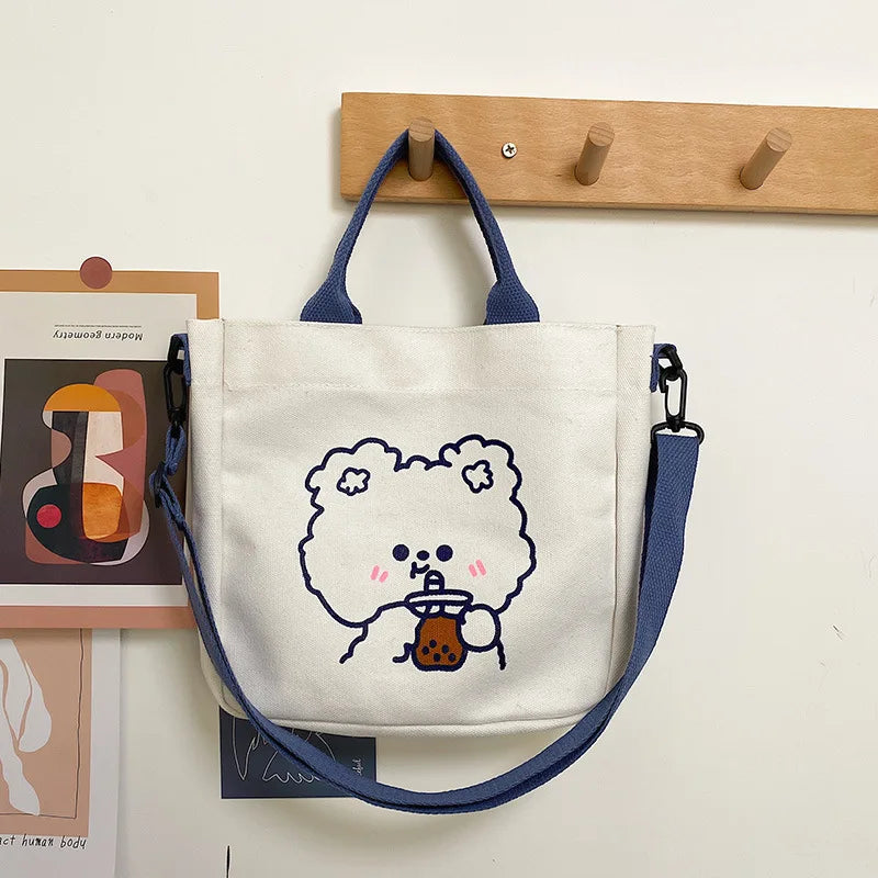 Cartoon Canvas Shoulder Bag for Women Bear Rabbit Tote
