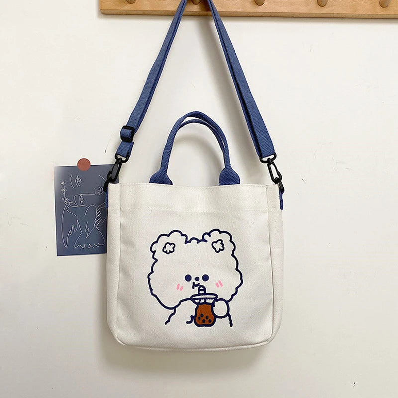 Cartoon Canvas Shoulder Bag for Women Bear Rabbit Tote