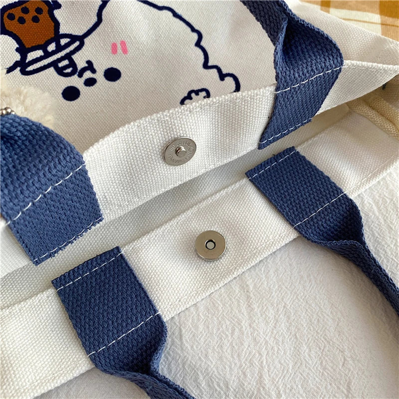 Cartoon Canvas Shoulder Bag for Women Bear Rabbit Tote