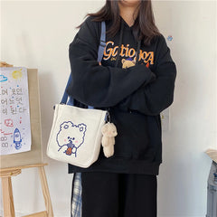 Cartoon Canvas Shoulder Bag for Women Bear Rabbit Tote
