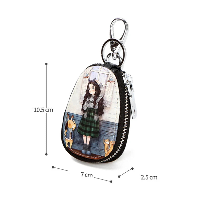 Girl's Cartoon Leather Key Bag - Zipper Key Wallet Holder
