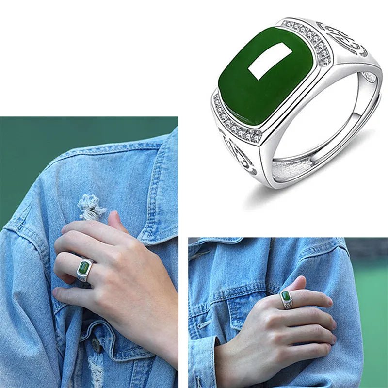Green Jade Emerald Gemstone Diamond Ring for Men