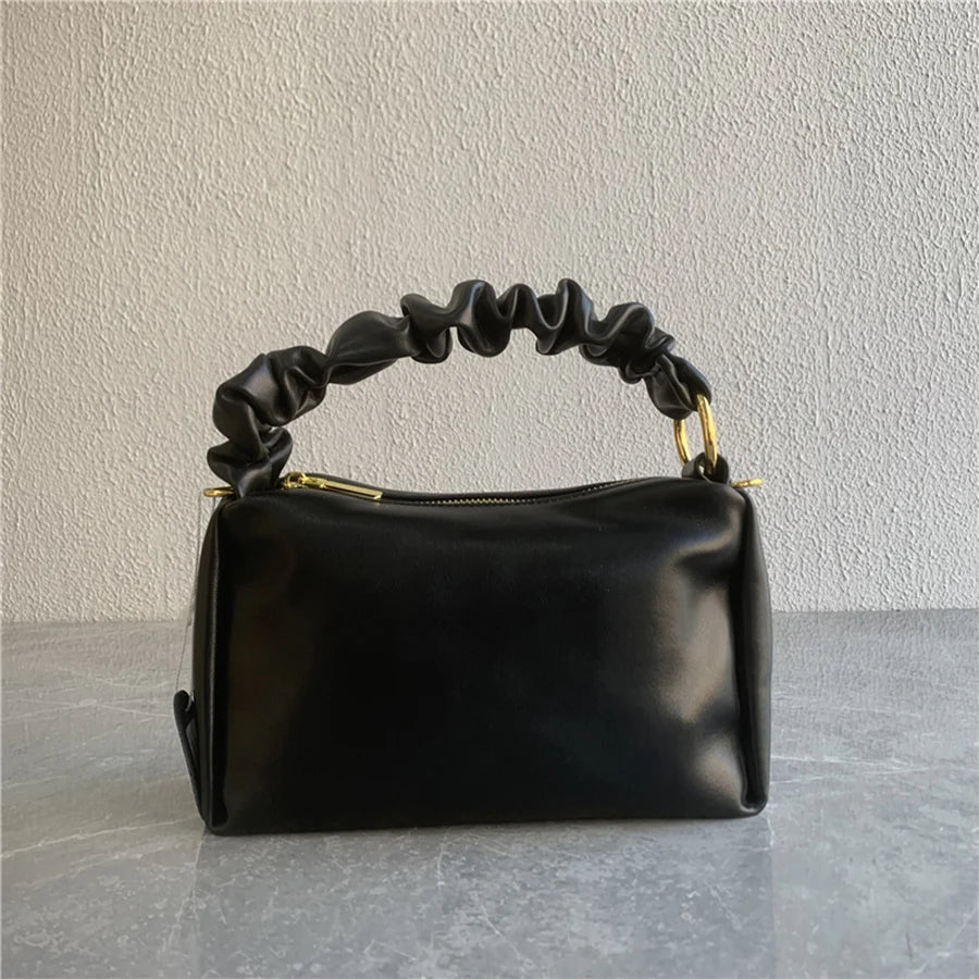 Soft Leather Crossbody Bag Pleated Strap Shoulder Messenger Bag