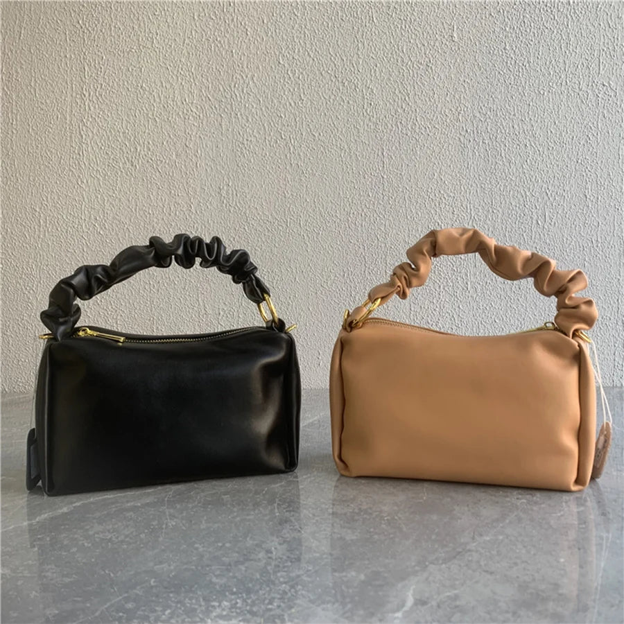 Soft Leather Crossbody Bag Pleated Strap Shoulder Messenger Bag