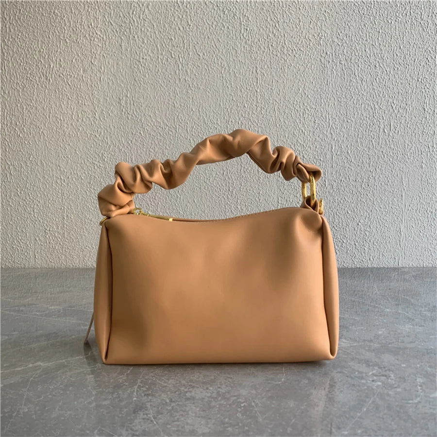 Soft Leather Crossbody Bag Pleated Strap Shoulder Messenger Bag