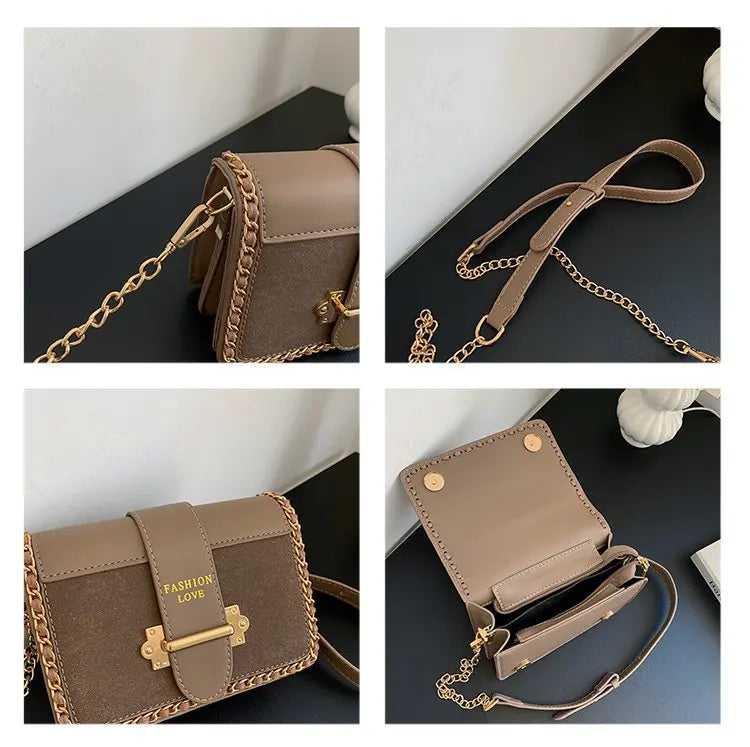 Matte Leather Crossbody Bag Lock Messenger Chain Flap Wallet