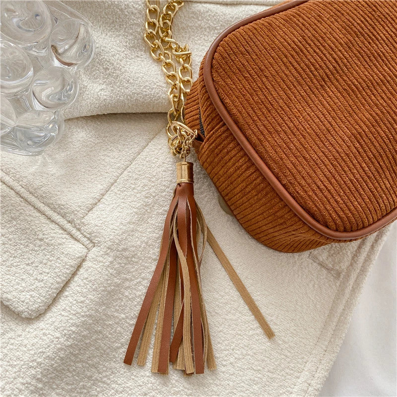 Corduroy Tassel Shoulder Bag with Chain Decoration