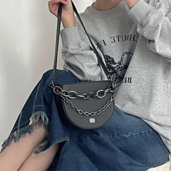 Chain Women Saddle Shoulder Bag PU Leather Female Purse Handbags Solid Ladies Cr