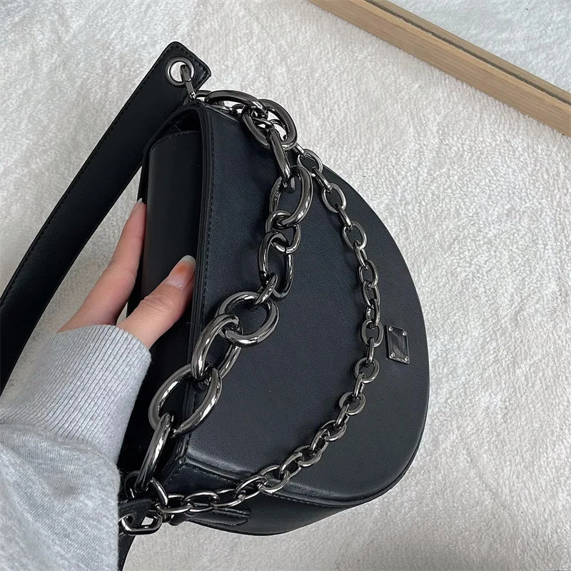 Chain Women Saddle Shoulder Bag PU Leather Female Purse Handbags Solid Ladies Cr