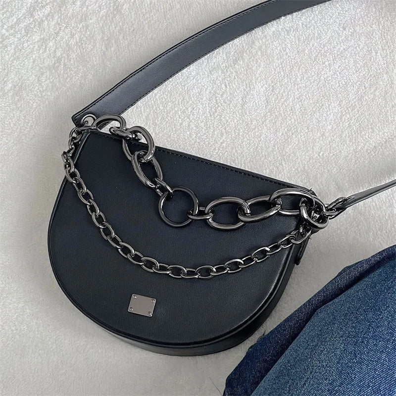 Chain Women Saddle Shoulder Bag PU Leather Female Purse Handbags Solid Ladies Cr