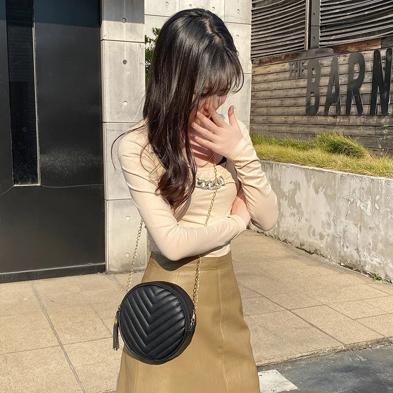 Women's Tassel Crossbody Bag Round Mini Shoulder Messenger Purse