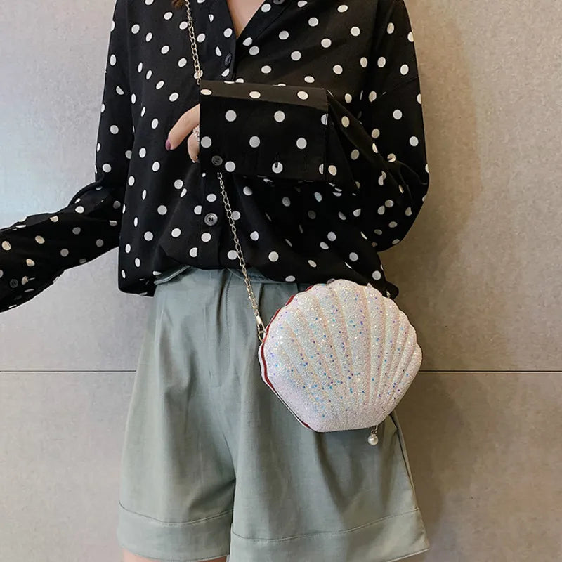 Sequined Shoulder Bag Women's Shell Shape Purse Mini Bag