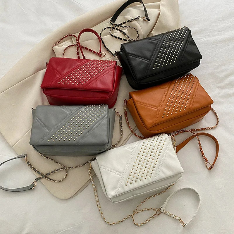 Chain Strap Rivet Shoulder Bag Crossbody PU Leather Flap Handbags