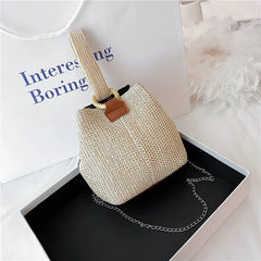 Chain Straw Woven Women Shoulder Crossbody Bag Summer Small Bucket