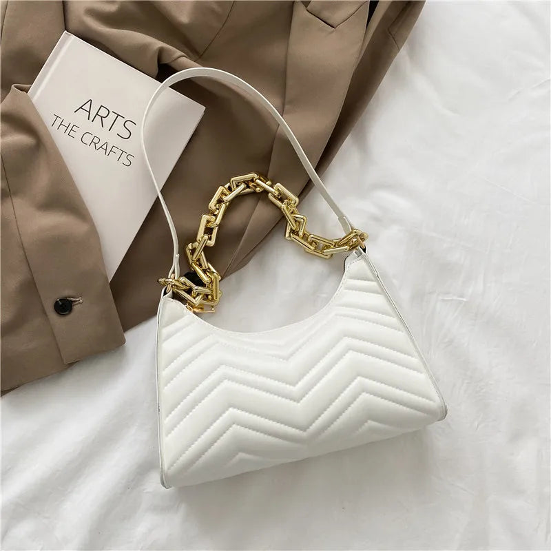 Embossed PU Leather Chain Shoulder Bag Textured Shopping Bag Zipper Underarm Bag