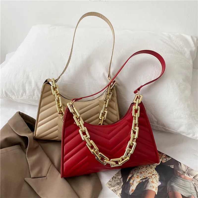 Embossed PU Leather Chain Shoulder Bag Textured Shopping Bag Zipper Underarm Bag