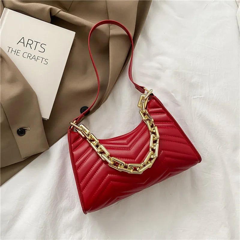 Embossed PU Leather Chain Shoulder Bag Zipper Underarm